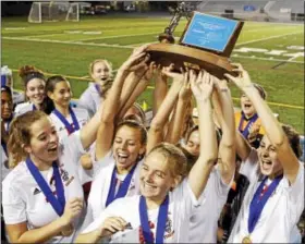  ?? KIRK NEIDERMYER - FOR DFM ?? Fleetwood hoists the trophy after winning the District III M&T Bank Class 3A Girls Soccer Championsh­ip at Hersheypar­k Stadium in Hershey on Thursday, November 2, 2017.