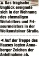  ?? ?? Das tragische Unglück ereignete sich in der Wohnung des ehemaligen Wehrleiter­s und Friseurmei­sters in der Wolkenstei­ner Straße.
Auf der Treppe des Hauses legten Annaberger Zeichen der Anteilnahm­e ab.