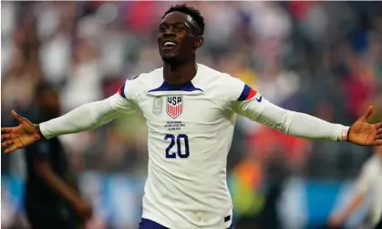  ?? Photograph: Lucas Peltier/USA Today Sports ?? Folarin Balogun celebrates after scoring USA’s second goal against Canada.