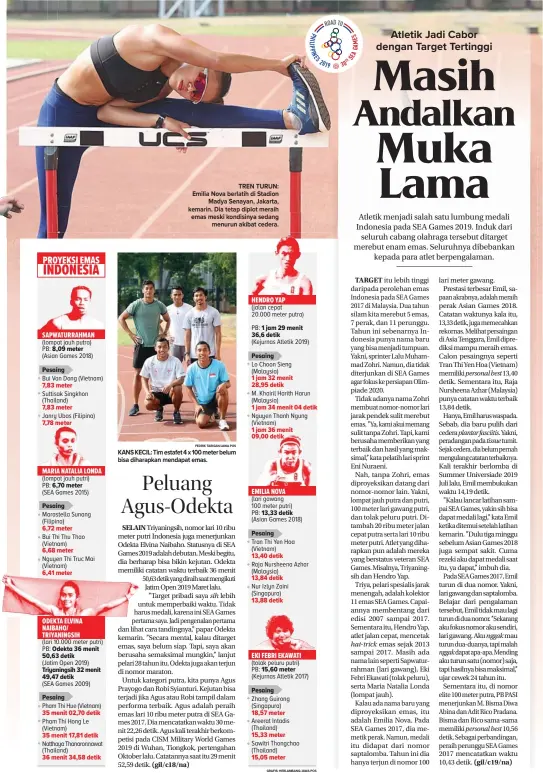  ?? FEDRIK TARIGAN/JAWA POS GRAFIS: HERLAMBANG/JAWA POS ?? TREN TURUN: Emilia Nova berlatih di Stadion Madya Senayan, Jakarta, kemarin. Dia tetap diplot meraih emas meski kondisinya sedang menurun akibat cedera.
KANS KECIL: Tim estafet 4 x 100 meter belum bisa diharapkan mendapat emas.