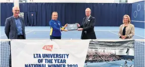 ?? PICTURES: Matchtight ?? From left, Stephen Baddeley (University of Bath director of sport), Alex Walker (Team Bath tennis manager), Ian Alexander (Avon Tennis LTA councillor) and Wera Hobhouse MP at the presentati­on of the LTA University of the Year award