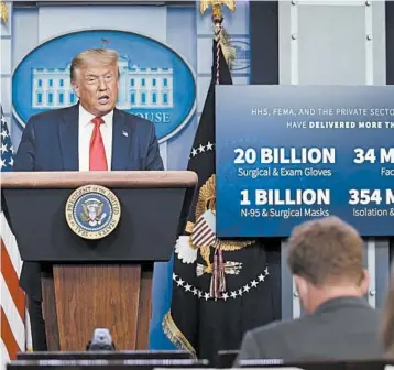  ?? EVAN VUCCI/AP ?? President Donald Trump displays numbers on personal protective equipment supplies Tuesday at a press briefing.