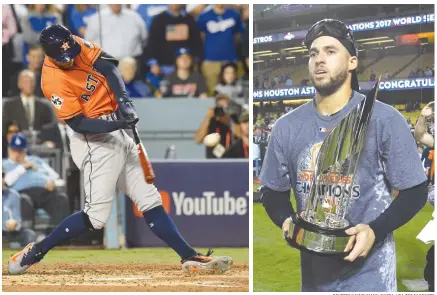  ??  ?? HOUSTON ASTROS center fielder George Springer (L) hits a two-run home run against the Los Angeles Dodgers in the second inning in game seven of the 2017 World Series at Dodger Stadium; Springer with his MVP trophy.