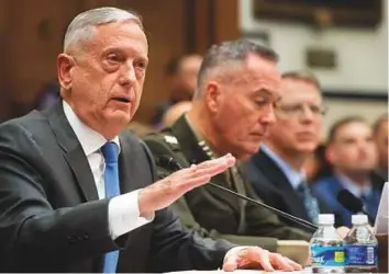  ?? AFP ?? Mattis testifies about the fiscal year 2019 National Defence Authorisat­ion Budget request during a House Armed Services Committee hearing on Capitol Hill in Washington, yesterday.