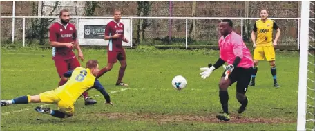  ?? Pictures: les Biggs ?? Left, Whitstable’s Chris Saunders scores the opening goal during the 4-2 win at AFC Croydon on Saturday. Right, Whitstable’s Ricky Freeman on the ball against AFC Croydon