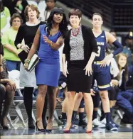  ?? Jessica Hill / Associated Press ?? Notre Dame associate coach Niele Ivey, left, and head coach Muffet McGraw watch during the first half against UConn in Storrs in 2015.