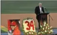  ?? STEVE NESIUS — THE ASSOCIATED PRESS ?? Los Angeles Dodgers infielder Chase Utley talks about his former Philadelph­ia Phillies teammate, Roy Halladay during a memorial tribute for Halladay at the Phillies spring training baseball stadium, Tuesday in Clearwater, Fla.