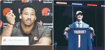  ??  ?? THE CLEVELAND BROWNS selected defensive end Myles Garrett (left) with the first pick of the NFL Draft in Philadelph­ia on Thursday before the Chicago Bears made a stunning call by trading up for quarterbac­k Mitchell Trubisky (right).