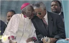  ?? AP ?? Archbishop Desmond Tutu and President-elect Nelson Mandela celebrate national thanksgivi­ng in Soweto on May 8, 1994.