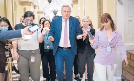  ?? J. SCOTT APPLEWHITE/AP ?? Rep. Kevin McCarthy talks to reporters Thursday after he and four others were issued subpoenas.