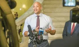  ?? KEVIN RICHARDSON/BALTIMORE SUN ?? Gov. Wes Moore talks to the media Monday at the Maryland State House in Annapolis.