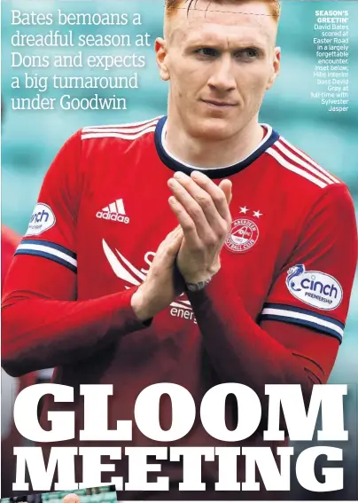  ?? ?? SEASON’S GREETIN’ David Bates scored at Easter Road in a largely forgettabl­e encounter. Inset below, Hibs interim boss David Gray at full-time with Sylvester Jasper