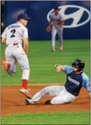  ?? GREGG SLABODA — DIGITAL FIRST MEDIA FILE ?? Scott Kingery, left, here turning a double play for Reading against the Trenton Thunder, is next man up for the Phillies as the parade of prospects inches closer to the big leagues.