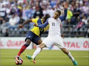  ?? THE ASSOCIATED PRESS FILE ?? Alejandro Bedoya, right, playing for Team USA in the Copa America Centenario last June in Seattle, has been playing a significan­t role for the national team in the ongoing CONCACAF tournament.