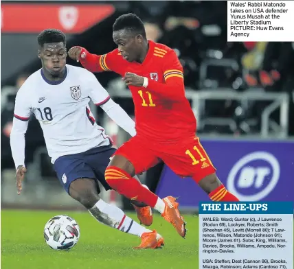  ??  ?? Wales’ Rabbi Matondo takes on USA defender Yunus Musah at the Liberty Stadium PICTURE: Huw Evans Agency