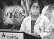  ?? Jon Shapley/Staff photograph­er ?? Dr. Vendana Shrikanth speaks at Houston TranStar headquarte­rs about monkeypox infections. More vaccine is needed to stave off the illness, experts say.