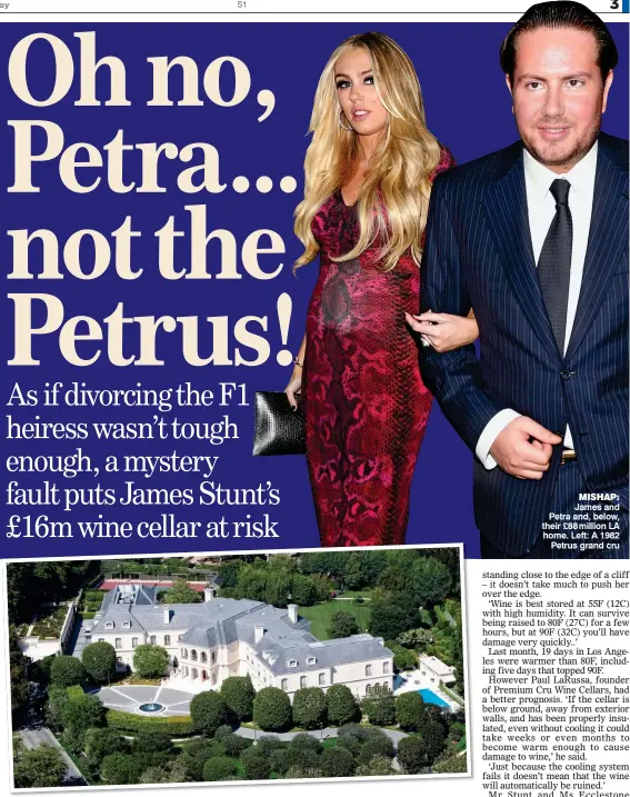  ??  ?? MISHAP: James and Petra and, below, their £88million LA home. Left: A 1982 Petrus grand cru