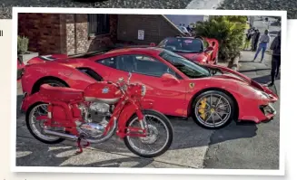  ??  ?? TOP Gino’s 1960 MV Agusta 150RS and my 1954 MV Agusta 175 CSS at the Mt Gravatt Lookout. ABOVE Segafreddo Zanetti, Bowen Hills on the Ferrari Club visit. My 1954 MV Agusta 175CSS and Gino’s Ferrari 488 Pista.