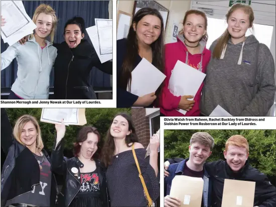  ??  ?? Martyna Ganczarska from New Ross, Victoria Murphy from Clonleigh and Grace Furlong from Oldross at New Ross CBS. Olivia Walsh from Raheen, Rachel Buckley from Oldross and Siobhán Power from Rosbercon at Our Lady of Lourdes.