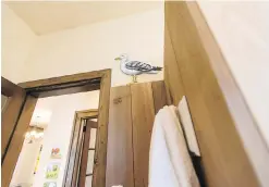  ??  ?? Above: A seagull sculpture by McPhail stands in the bathroom. Right: The bathroom has a West Coast spa feel and visitors can smell the cedar on the walls. The modern look is a surprising contrast after the oldworld feel of the rest of the cottage.