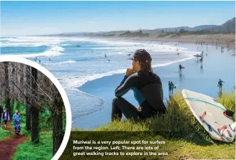  ??  ?? Muriwai is a very popular spot for surfers from the region. Left; There are lots of great walking tracks to explore in the area