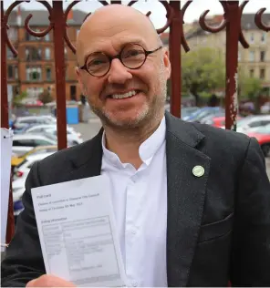  ?? ?? Patrick Harvie, above, while below, Anas Sarwar with his wife Furheen, and right, Nicola Sturgeon with candidates Lauren Martin and Alex Kerr Pictures: Colin Mearns