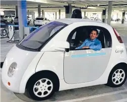  ??  ?? Transport Minister Simon Bridges tests a driverless car at Google X in Mountain View, California. Such cars could relieve congestion, he says.