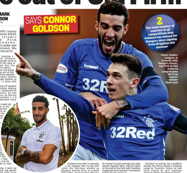  ??  ?? Cheer leader: Goldson, in Tenerife with Rangers (inset), was first on the scene to congratula­te Old Firm matchwinne­r Ryan Jack
