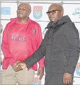  ?? (File pic) ?? Mbabane Swallows Public Relations Officer (PRO) Knowledge ‘Bhambo’ Ngwenya (L) with Highlander­s PRO Kenneth Dlamini. The PLE has stated that the sharing formula that has been used in the competitio­n will be used – all clubs will share equally.