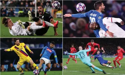  ??  ?? Real Madrid’s Luka Modric tackled by Manchester City’s Ilkay Gundogan, Juventus’ Rodrigo Bentancur (top) challenges Lyon’s Moussa Dembele, Lionel Messi of Barcelona wins the ball from Lorenzo Insigne of Napoli, and Serge Gnabry of Bayern Munich scores their first goal against Chelsea. Composite: Getty Images