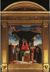  ??  ?? A sinistra, l’interno della Chiesa di San Bernardino in Pignolo a Bergamo e, sotto, la Pala di San Bernardino dipinta da Lorenzo Lotto (1521).