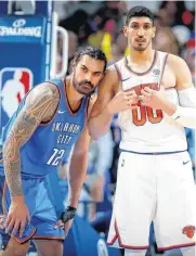  ?? [PHOTO BY BRYAN TERRY, THE OKLAHOMAN] ?? Oklahoma City’s Steven Adams and New York’s Enes Kanter stand next to each other during Thursday’s game.