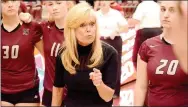  ?? Graham Thomas/Siloam Sunday ?? A fired-up Siloam Springs volleyball coach Rose Cheek-Willis talks to the Lady Panthers shortly after Siloam Springs was defeated 3-0 by Jonesboro on Wednesday in the Class 6A state tournament at Lake Hamilton.