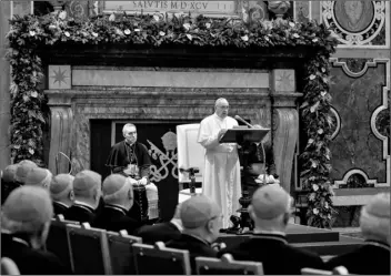  ?? AP Photo/Andrew Medichini ?? In this 2019 file photo, Pope Francis delivers his speech on the occasion of his Christmas greetings to the Roman Curia, in the Clementine Hall at the Vatican.