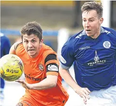  ?? Pictures: SNS. ?? Top: Thomas Mikkelsen slides home United’s first goal. Above: Charlie Telfer in a race for possession with Queens’ Chris Higgins. Below: injured keeper Cammy Bell is replaced by Luis Zwick.