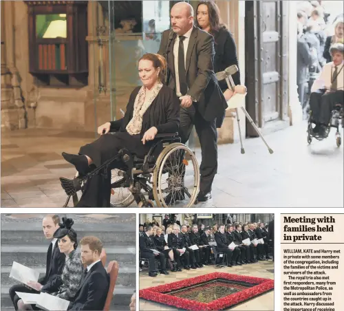  ?? PICTURES: PA. ?? TIME FOR COURAGE: Melissa Cochran attends the Service of Hope at Westminste­r Abbey; Metropolit­an Police officers attend the event; the Duke and Duchess of Cambridge with Prince Harry pay their respects following the Westminste­r terror attack.