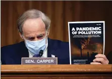  ?? KEVIN DIETSCH — POOL VIA AP ?? Ranking member Sen. Tom Carper, D-Del., delivers opening remarks during a Senate Environmen­t and Public Works Committee oversight hearing Wednesday to examine the Environmen­tal Protection Agency.