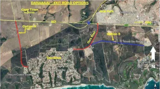  ??  ?? The residents concerned will be able to choose between either Option A, the extension of Flora Road to the western side of Dana Bay, to link up with the N2 at the Herbertsda­le intersecti­on, or Option B, the extension of Flora Road to Apiesdorin­g Street in Heiderand to the eastern side of Dana Bay.