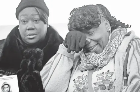  ?? CLIFF OWEN AP ?? Sybrina Fulton, left, mother of Trayvon Martin, and Gwen Carr, mother of Eric Garner, at a rally in Washington to honor Martin Luther King Jr. Jan. 14. Left, participan­ts in a Los Angeles MLK march carry a photo of Trayvon.