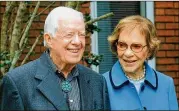  ??  ?? A picture of former President Jimmy Carter and former first lady Rosalynn Carter is used as they speak via audio only Tuesday during the Democratic National Convention.