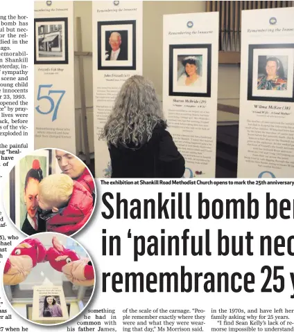  ??  ?? The exhibition at Shankill Road Methodist Church opens to mark the 25th anniversar­y of the Shankill bomb, and (above) wreaths are laid to remember the victims