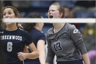  ?? (NWA Democrat-Gazette/Charlie Kaijo) ?? Greenwood’s Jocelyn Sewell (right) had 14 digs in Thursday’s Class 5A state semifinal victory over Hot Springs Lakeside, putting the Lady Bulldogs in contention for their first state championsh­ip today against Jonesboro.