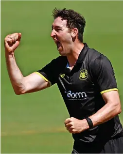  ?? ?? Paul van Meekeren of Gloucester­shire celebrates taking a wicket
