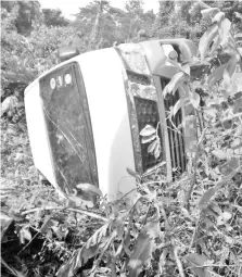  ??  ?? The tourist van with seven passengers landed on its side after skidding off the road to Danum Valley.