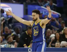  ?? JANE TYSKA — BAY AREA NEWS GROUP ?? The Warriors' Klay Thompson celebrates a 3-point basket in the second quarter against the Oklahoma City Thunder at Chase Center in San Francisco on Monday.