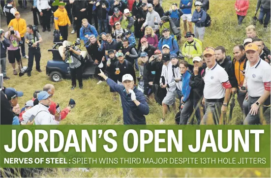  ?? Picture: AFP ?? IN THE THICK OF THINGS. Jordan Spieth of the United States discusses his options with a rules official after taking a penalty drop for having an unplayable lie on the 13th hole during the final round of the Open Championsh­ip at Royal Birkdale yesterday.