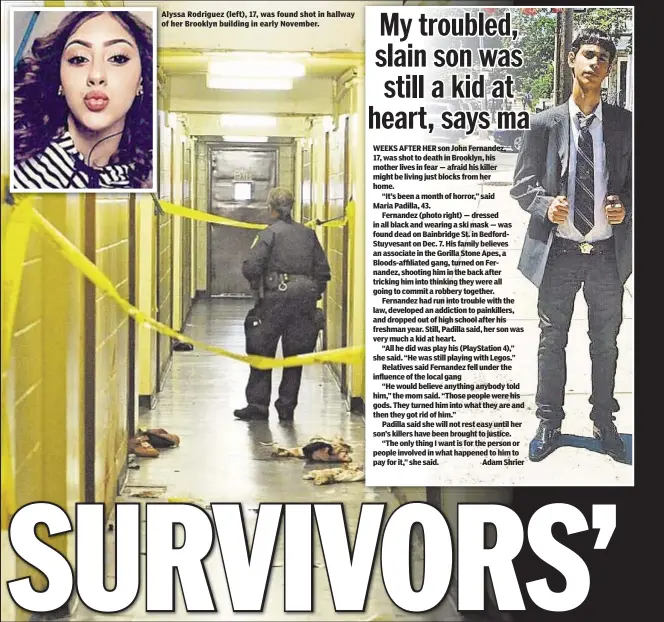  ??  ?? Alyssa Rodriguez (left), 17, was found shot in hallway of her Brooklyn building in early November. WEEKS AFTER HER son John Fernandez, 17, was shot to death in Brooklyn, his mother lives in fear — afraid his killer might be living just blocks from her home.“It’s been a month of horror,” said Maria Padilla, 43.Fernandez (photo right) — dressed in all black and wearing a ski mask — was found dead on Bainbridge St. in BedfordStu­yvesant on Dec. 7. His family believes an associate in the Gorilla Stone Apes, a Bloods-affiliated gang, turned on Fernandez, shooting him in the back after tricking him into thinking they were all going to commit a robbery together.Fernandez had run into trouble with the law, developed an addiction to painkiller­s, and dropped out of high school after his freshman year. Still, Padilla said, her son was very much a kid at heart.“All he did was play his (PlayStatio­n 4),” she said. “He was still playing with Legos.”Relatives said Fernandez fell under the influence of the local gang“He would believe anything anybody told him,” the mom said. “Those people were his gods. They turned him into what they are and then they got rid of him.”Padilla said she will not rest easy until her son’s killers have been brought to justice.“The only thing I want is for the person or people involved in what happened to him to pay for it,” she said. Adam Shrier