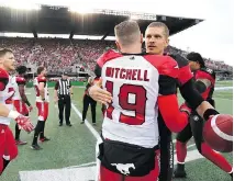  ??  ?? A week after battling to a draw at TD Place, Stamps quarterbac­k Bo Levi Mitchell and Trevor Harris of the Redblacks square off again in Calgary.