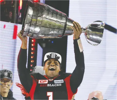  ?? MICHAEL PEAKE/FILES ?? Henry Burris became a legend here after leading the Redblacks to a Grey Cup in 2016, ending Ottawa’s 40-year title drought.