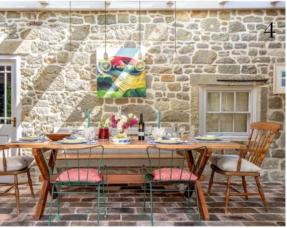  ??  ?? 4 DINING ROOM
The one-time exterior stone wall provides a rustic backdrop to the oak table. Bespoke dining table, Mark Lewis Interior Design. Similar floor bricks, £250 for 250, Reclaimed Brick Company